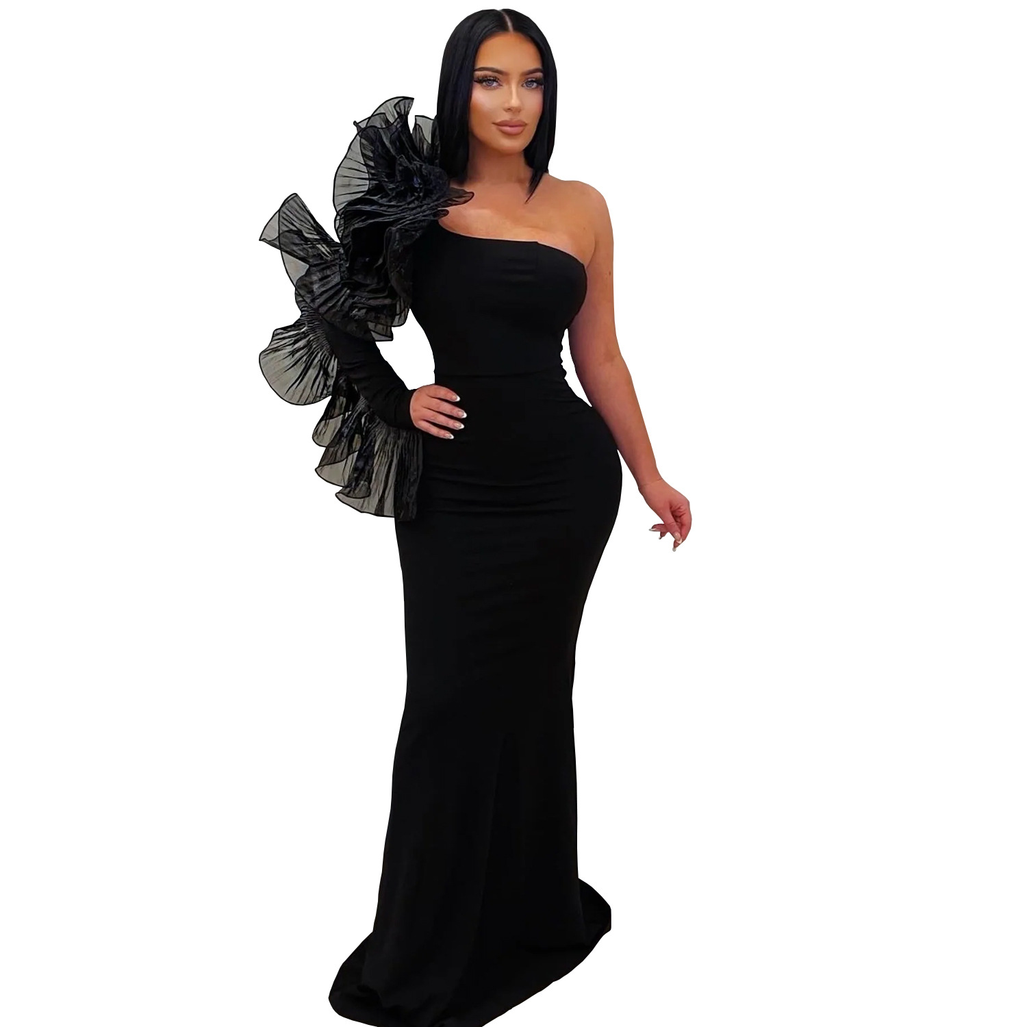 Robe longue ajustée à manche volantée asymétrique – Image 6