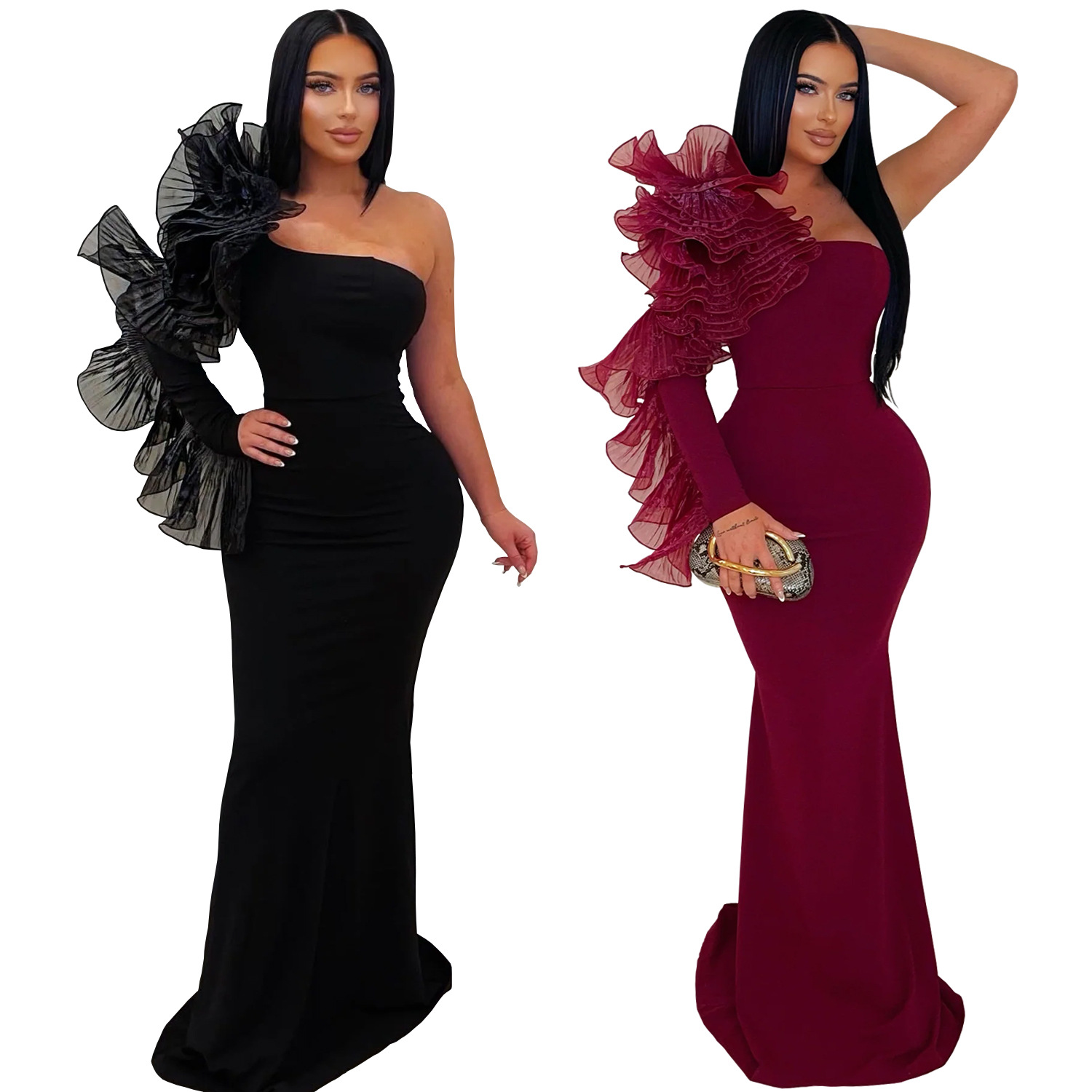 Robe longue ajustée à manche volantée asymétrique – Image 5