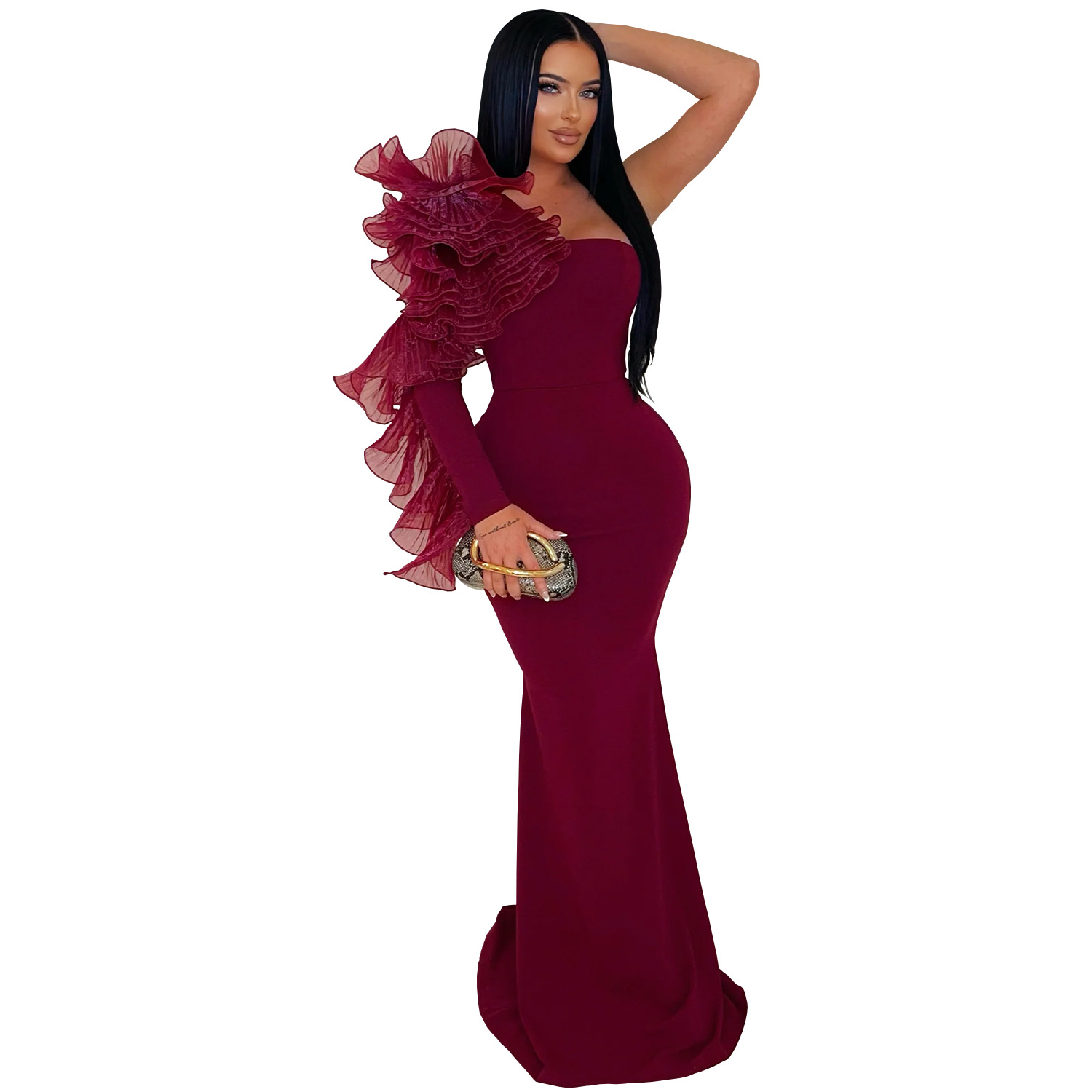 Robe longue ajustée à manche volantée asymétrique – Image 7