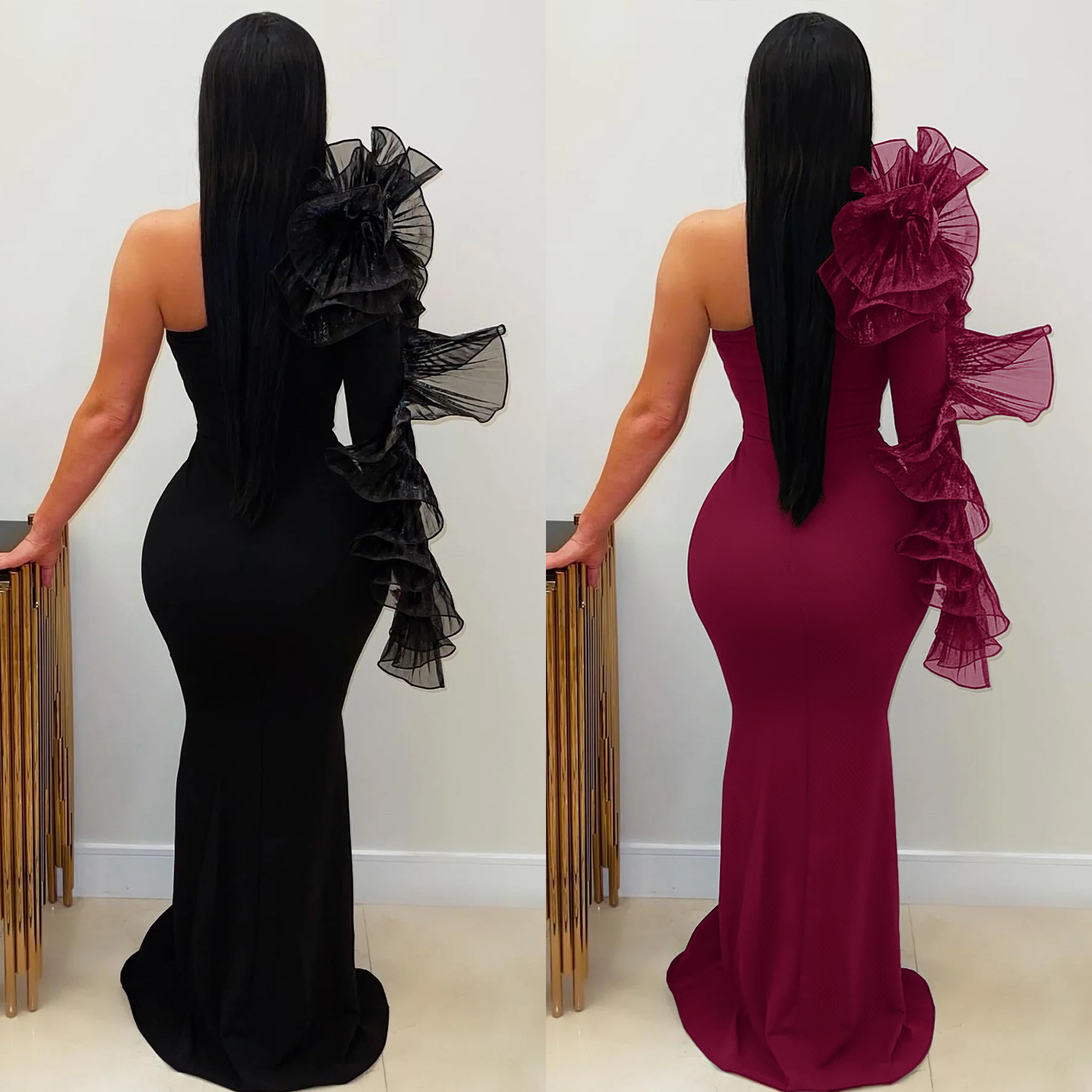 Robe longue ajustée à manche volantée asymétrique – Image 3