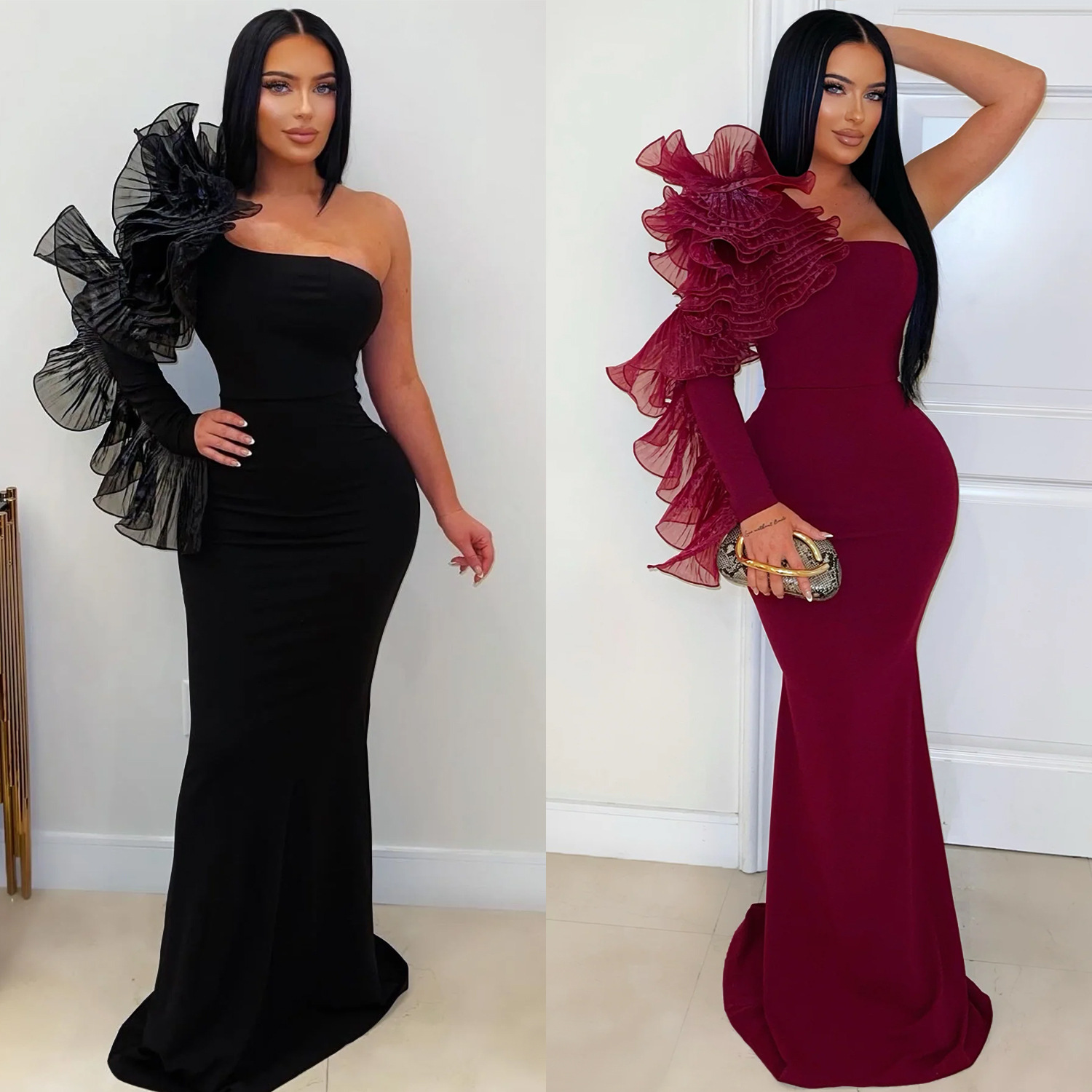 Robe longue ajustée à manche volantée asymétrique – Image 2